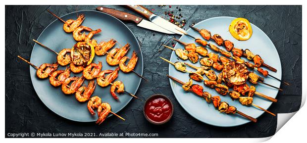 Grilled shrimp and mussels skewers Print by Mykola Lunov Mykola