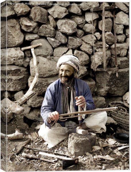 Village Carpenter. making plows from 1898 to 1919 Restored & Colorized Canvas Print by Philip Brown