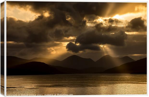 Moody sunset over the red Cuillin mountain range o Canvas Print by PHILIP CHALK