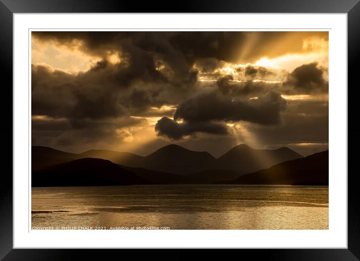 Moody sunset over the red Cuillin mountain range o Framed Mounted Print by PHILIP CHALK