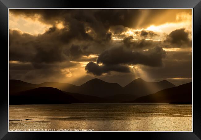 Moody sunset over the red Cuillin mountain range o Framed Print by PHILIP CHALK