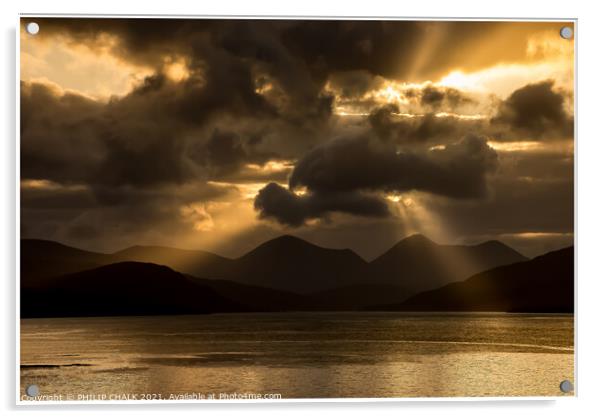 Moody sunset over the red Cuillin mountain range o Acrylic by PHILIP CHALK