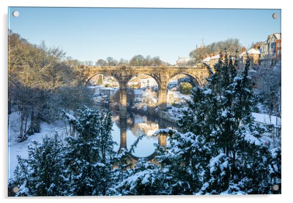 Winter snow sunrise over the railway viaduct and river Nidd in Knaresborough, North Yorkshire.  Acrylic by mike morley
