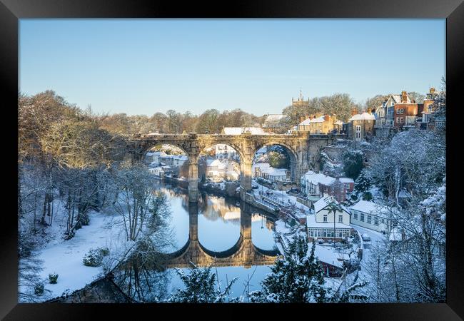 Winter snow sunrise over the railway viaduct and river Nidd in Knaresborough, North Yorkshire.  Framed Print by mike morley