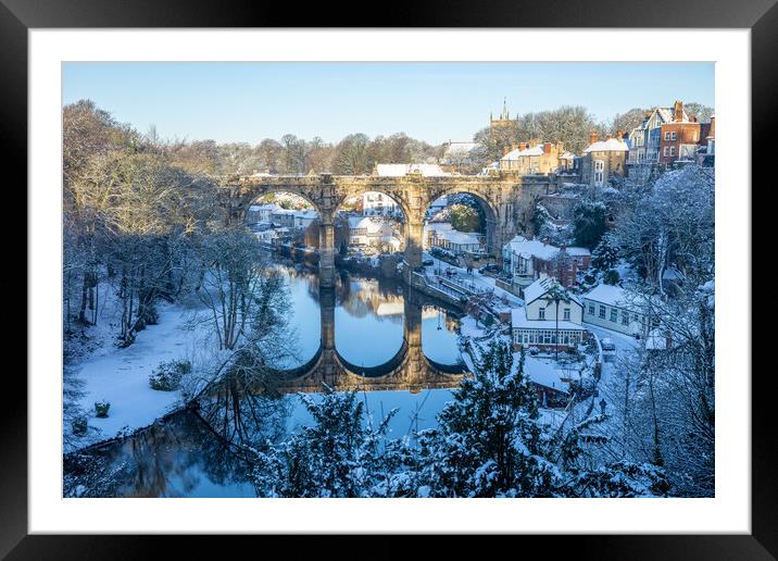 Winter snow sunrise over the railway viaduct and river Nidd in Knaresborough, North Yorkshire.  Framed Mounted Print by mike morley