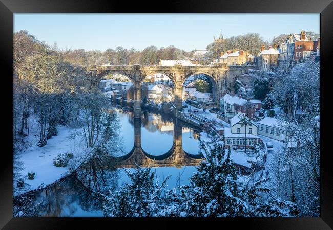 Winter snow sunrise over the railway viaduct and river Nidd in Knaresborough, North Yorkshire.  Framed Print by mike morley