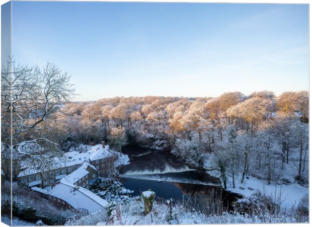 Winter snow sunrise over the river Nidd in Knaresborough, North Yorkshire.  Canvas Print by mike morley