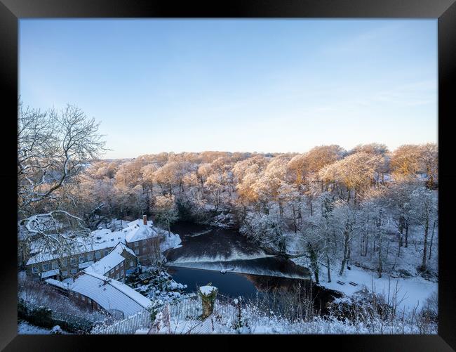 Winter snow sunrise over the river Nidd in Knaresborough, North Yorkshire.  Framed Print by mike morley