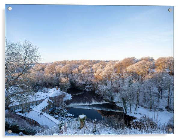 Winter snow sunrise over the river Nidd in Knaresborough, North Yorkshire.  Acrylic by mike morley