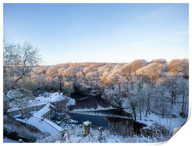 Winter snow sunrise over the river Nidd in Knaresborough, North Yorkshire.  Print by mike morley