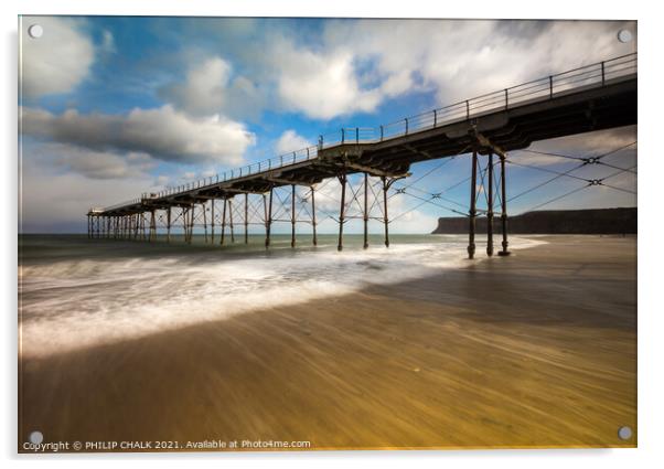 Saltburn pier on a sunny day North riding of Yorks Acrylic by PHILIP CHALK