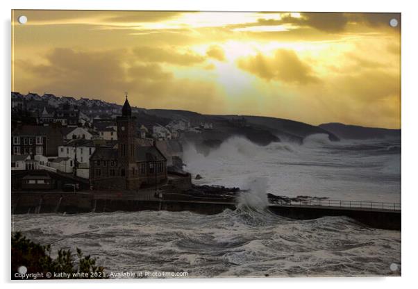 Porthleven  harbour Cornwall,  evening storm  Acrylic by kathy white