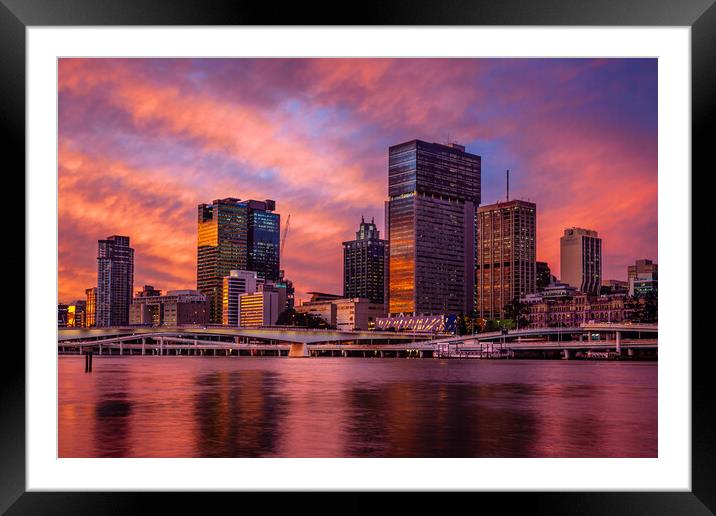 Brisbane City Skyline at Sunset Framed Mounted Print by John Frid