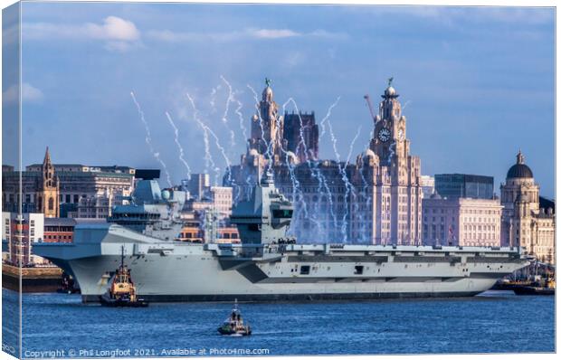 HMS Prince of Wales aircraft carrier leaving Liverpool waterfront. Canvas Print by Phil Longfoot