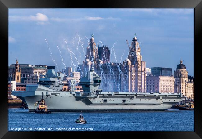 HMS Prince of Wales aircraft carrier leaving Liverpool waterfront. Framed Print by Phil Longfoot
