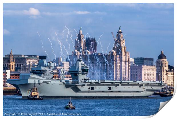 HMS Prince of Wales aircraft carrier leaving Liverpool waterfront. Print by Phil Longfoot