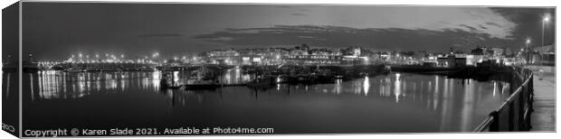 Ramsgate Harbour at night in black and white Canvas Print by Karen Slade