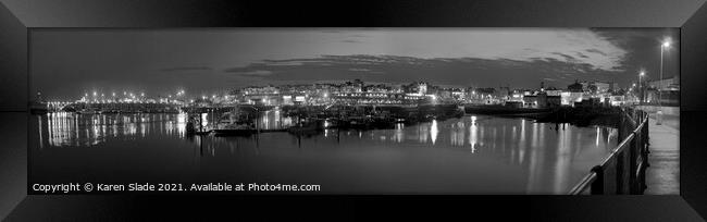 Ramsgate Harbour at night in black and white Framed Print by Karen Slade
