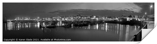 Ramsgate Harbour at night in black and white Print by Karen Slade