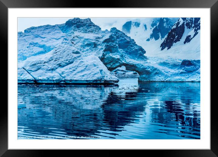 Snowing Floating Blue Iceberg Arch Paradise Bay Antarctica Framed Mounted Print by William Perry