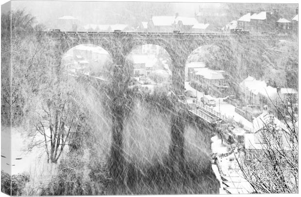 Winter snow storm over the railway viaduct at Knaresborough, North Yorkshire, UK Canvas Print by mike morley