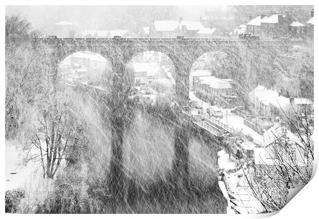 Winter snow storm over the railway viaduct at Knaresborough, North Yorkshire, UK Print by mike morley