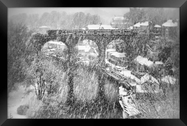 Winter snow storm over the railway viaduct at Knaresborough, North Yorkshire, UK Framed Print by mike morley