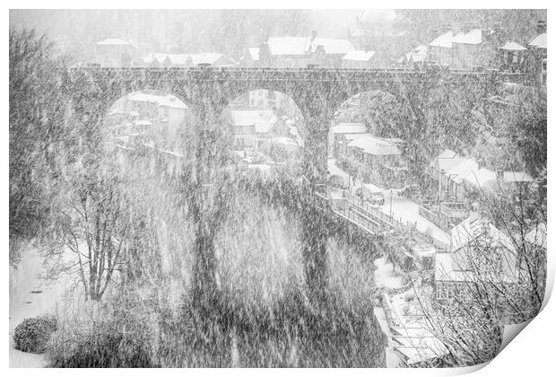 Winter snow storm over the railway viaduct at Knaresborough, North Yorkshire, UK Print by mike morley