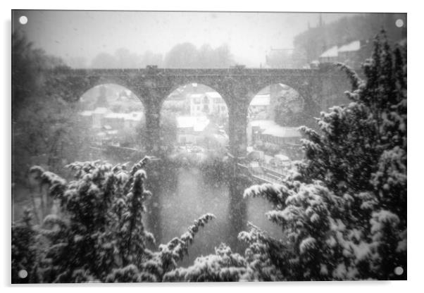 Winter snow storm over the railway viaduct at Knaresborough, North Yorkshire, UK Acrylic by mike morley