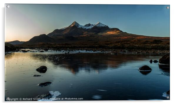 First winter sunlight upon the Black Cuillin mountains of Skye. Acrylic by Richard Smith