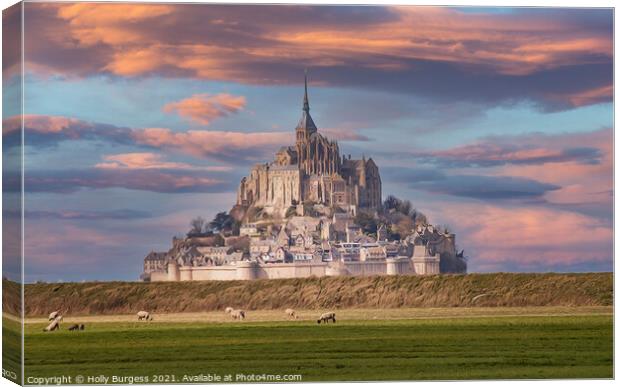 Le Mount-Saint-Michel, France, Normandy Sunsetting monastery  Canvas Print by Holly Burgess