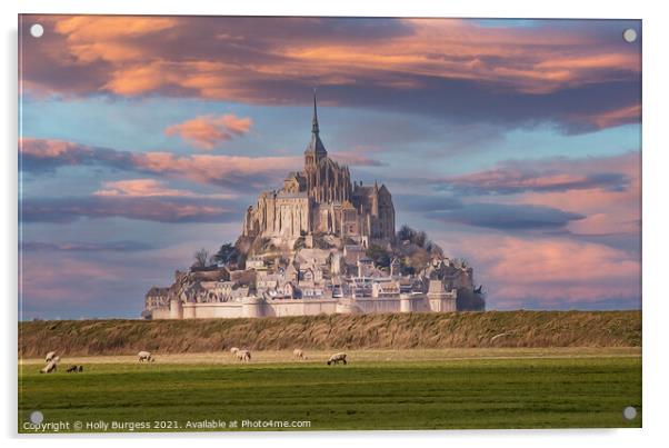 Le Mount-Saint-Michel, France, Normandy Sunsetting monastery  Acrylic by Holly Burgess