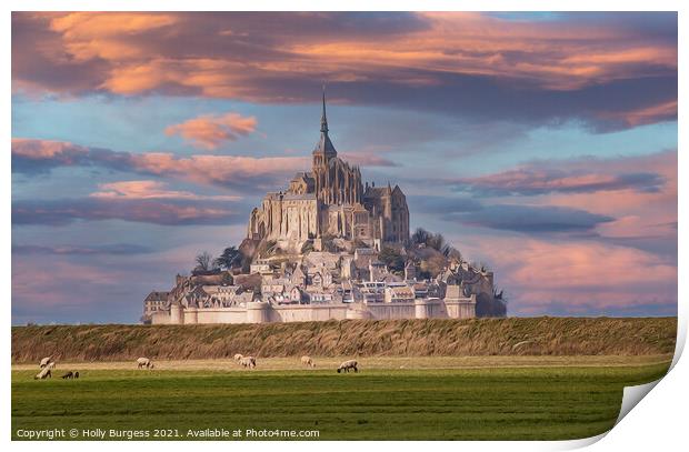 Le Mount-Saint-Michel, France, Normandy Sunsetting monastery  Print by Holly Burgess