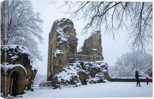 Winter snow sunrise over the historical remains of the castle in Knaresborough, North Yorkshire.  Canvas Print by mike morley