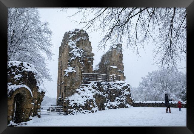 Winter snow sunrise over the historical remains of the castle in Knaresborough, North Yorkshire.  Framed Print by mike morley