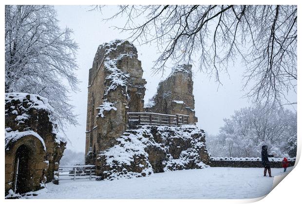 Winter snow sunrise over the historical remains of the castle in Knaresborough, North Yorkshire.  Print by mike morley