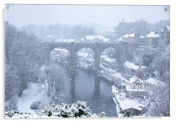 winter snow over Knaresborough Viaduct Acrylic by mike morley