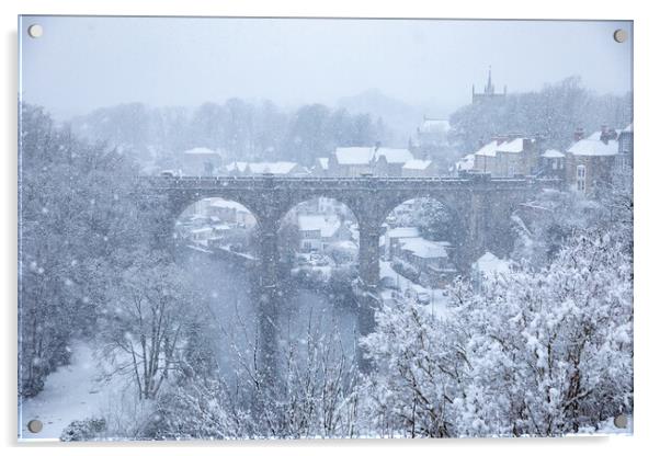 Winter snow over the river Nidd and famous landmark railway viaduct in Knaresborough, North Yorkshire. Acrylic by mike morley