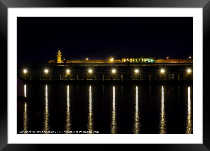 Nightscape of Folkestone Harbour Arm & Lighthouse Framed Mounted Print by David Shackle