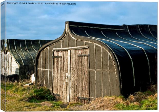 Upturned Herring Boats now used as sheds on Lindis Canvas Print by Nick Jenkins