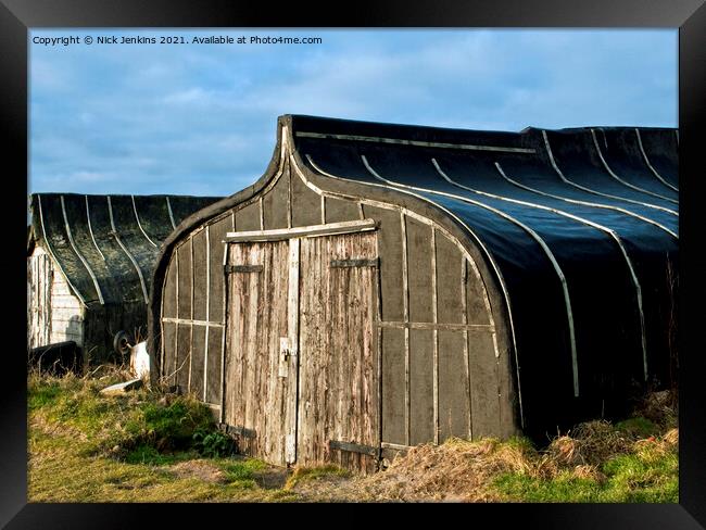 Upturned Herring Boats now used as sheds on Lindis Framed Print by Nick Jenkins