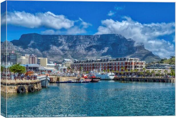 Table Mountain and Cape Town's vibrant waterfront Canvas Print by Tracey Turner