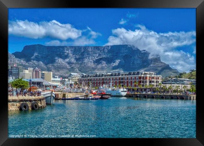 Table Mountain and Cape Town's vibrant waterfront Framed Print by Tracey Turner