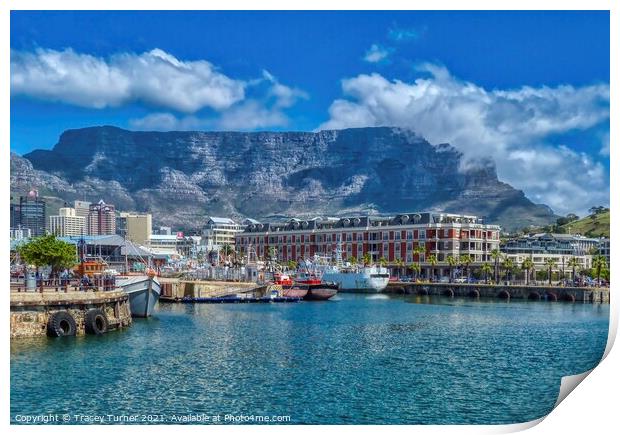 Table Mountain and Cape Town's vibrant waterfront Print by Tracey Turner