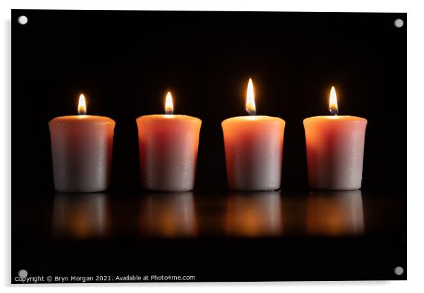 Four burning candles Acrylic by Bryn Morgan