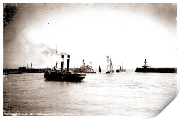 Steam tug early 1900's Lowestoft Harbour in Sepia, Print by Kevin Allen
