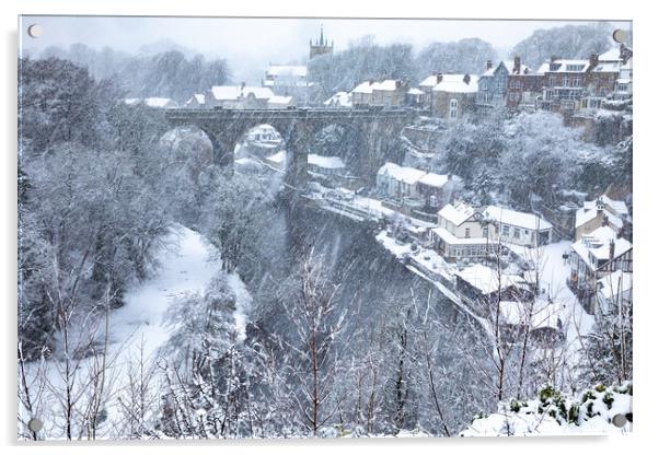 Knaresborough viaduct in snow Acrylic by mike morley