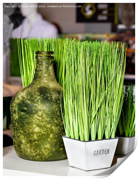 Green grass in a white pot and an old bottle as part of the restaurant's interior decoration. Print by Sergii Petruk