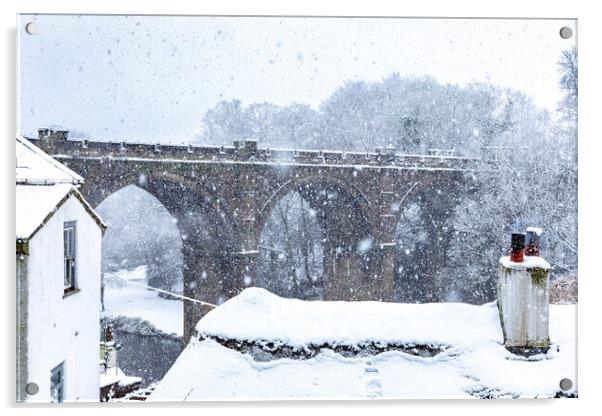 Winter snow over the river Nidd and famous landmark railway viaduct in Knaresborough, North Yorkshire.  Acrylic by mike morley