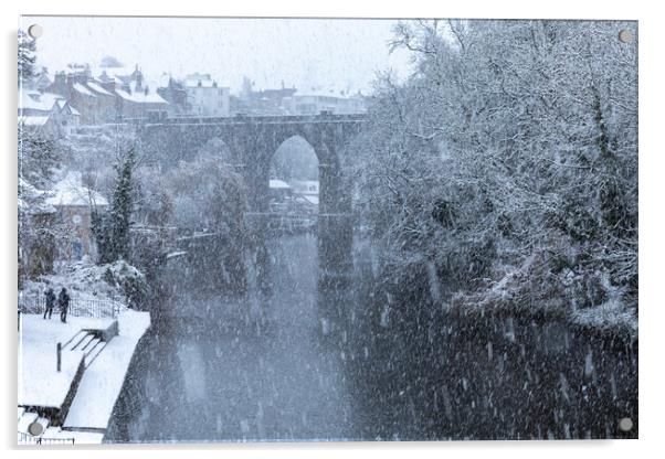 Winter snow over the river Nidd and famous landmark railway viaduct in Knaresborough, North Yorkshire Acrylic by mike morley